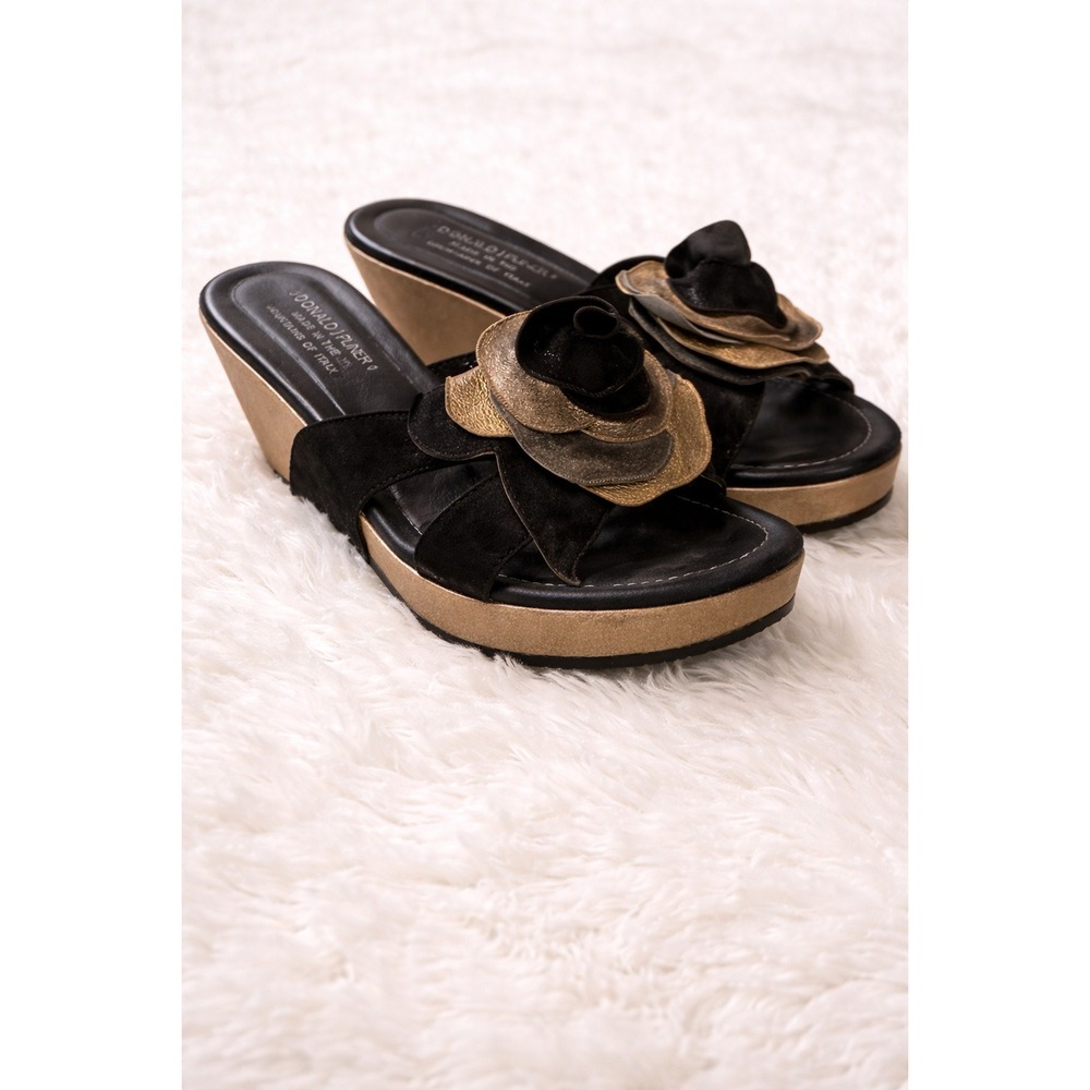 Donald J Pliner Gram‎ Black Gold Leather Floral Wedge Sandals Made in Italy 8.5M